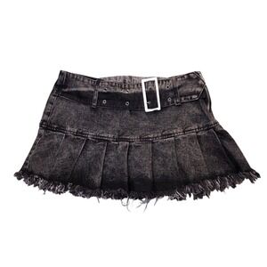 Black Acid Wash Denim Pleated Mini Skirt 10 Belted Distressed Frayed Hem NWT